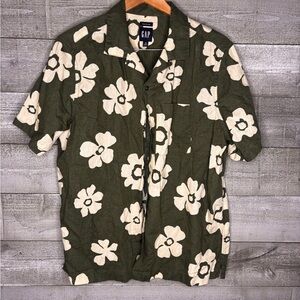 GAP linen blend Floral vacation tropical Men's Shirt medium green hawaiian